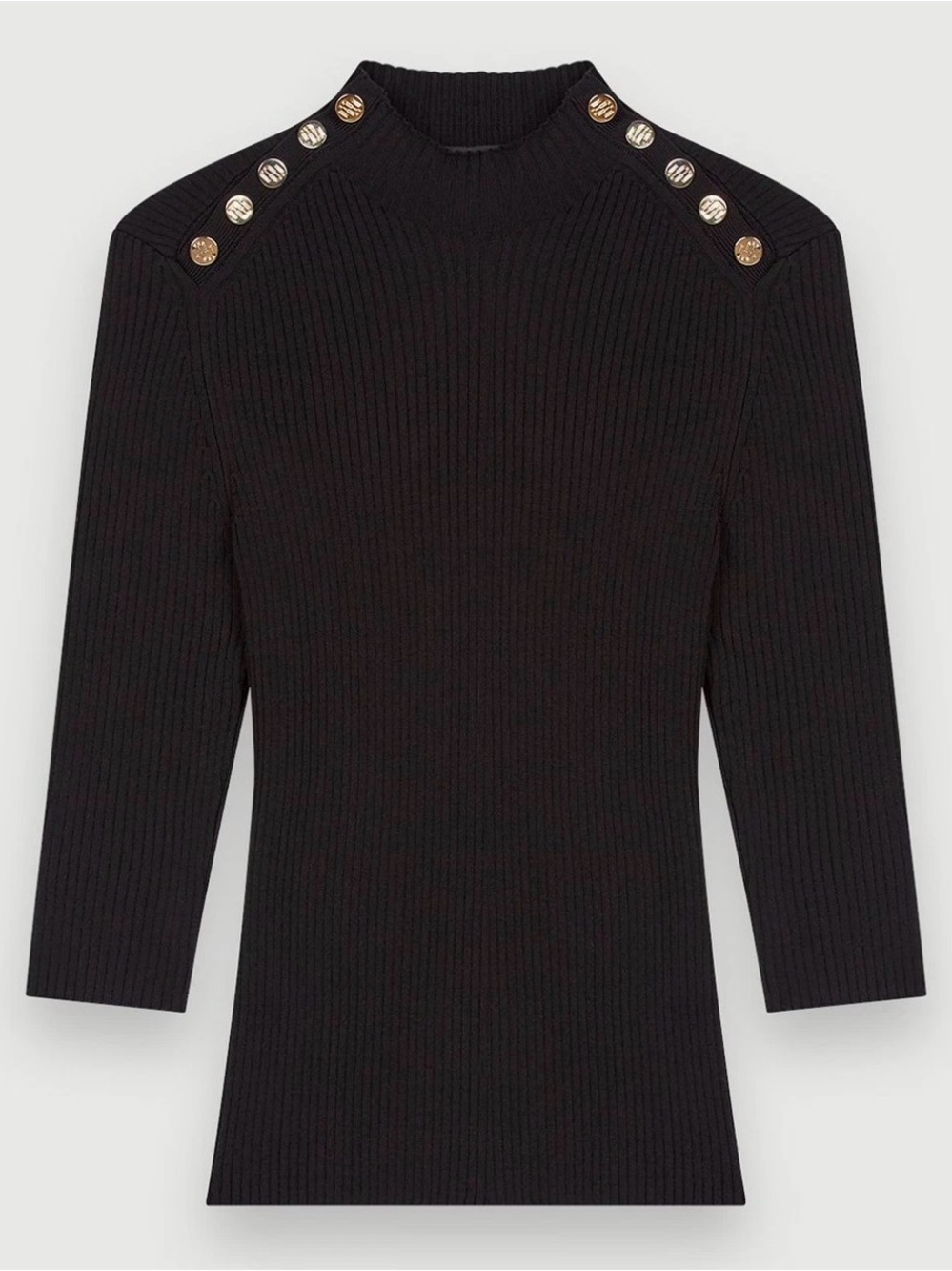 Maje Black Ribbed Mock Neck Sweater Gold Logo Button Shoulders Size 1
